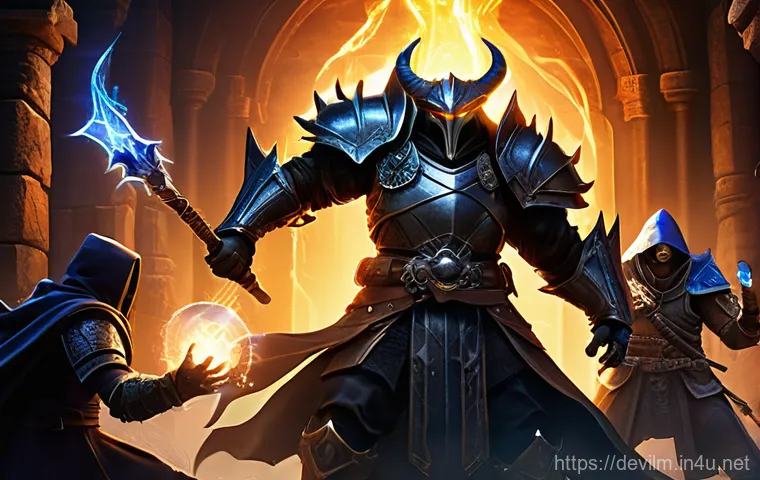 데블 M 게임 내 채팅 활용법 - A group of diverse fantasy characters, including a heavily armored warrior, a robed mage casting a s...