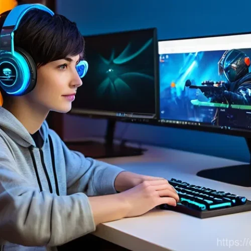 Home 25 데블 M 트위치 방송 가이드 - A vibrant scene featuring a female streamer in her mid-20s, with a stylish, short haircut, deeply en...