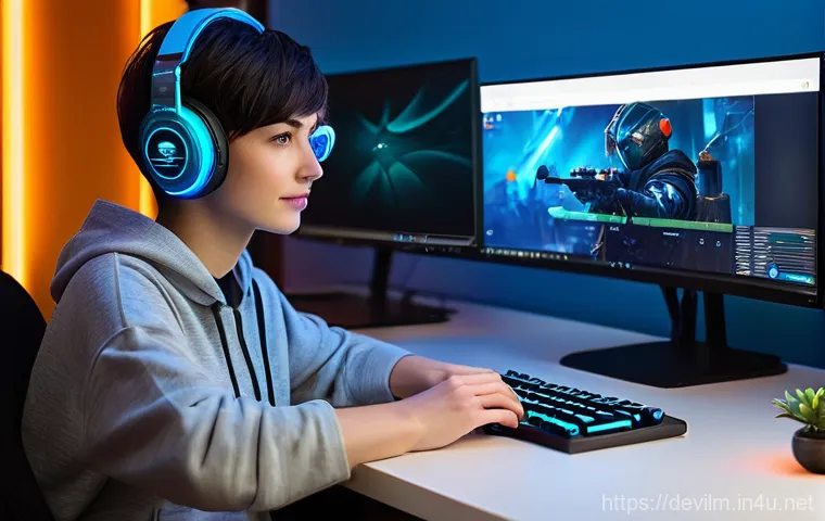 데블 M 트위치 방송 가이드 - A vibrant scene featuring a female streamer in her mid-20s, with a stylish, short haircut, deeply en...