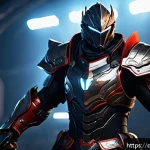 Home 17 데블 M 커스텀 스킨 만들기 - A dynamic battle-themed custom game character skin featuring dark tones and metallic textures, accen...
