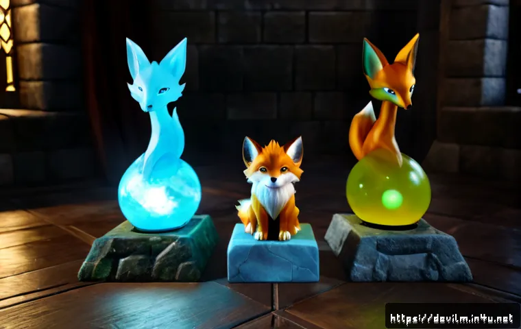 데블 M 펫 능력치 순위 - Photorealistic fantasy game comparison scene, three distinct cute companion creatures arranged on se...