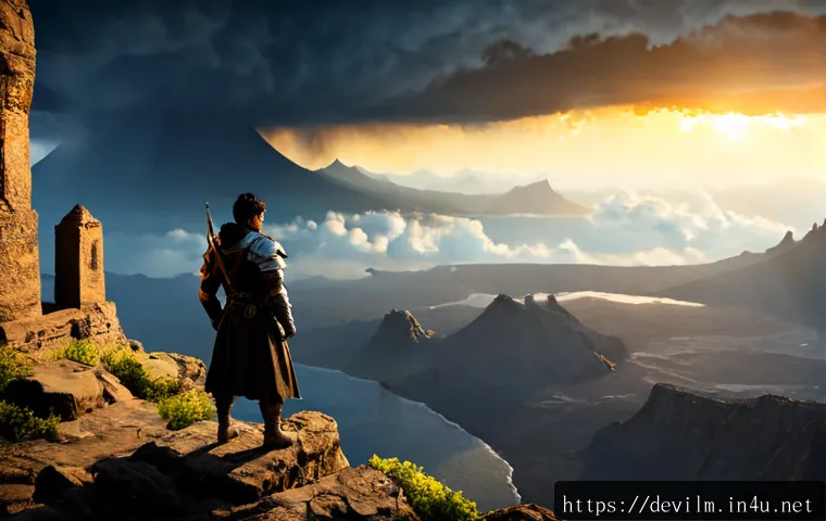 데블 M 세계관 확장 가능성 - Photorealistic dark fantasy landscape showing a lone armored explorer on a rocky overlook, gazing to...