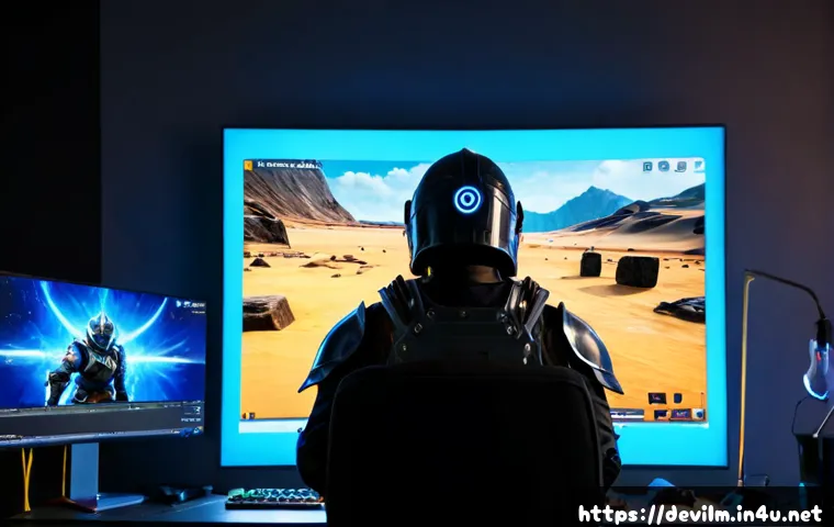 Home 17 데블 M 장비 강화 시스템 - Photorealistic cinematic scene of an adult gamer upgrading fantasy armor in a dark modern gaming roo...